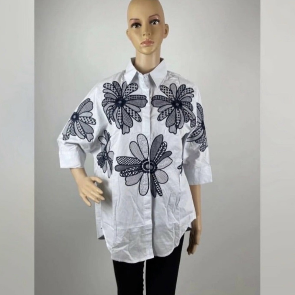 Black and White Floral Print Embroidered Cotton Button-up Blouse